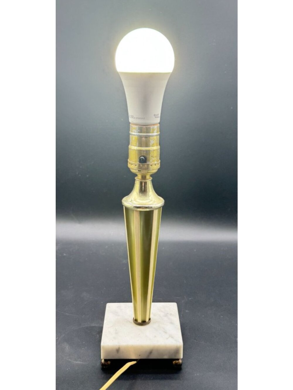 Vintage MCM Green & Cream Marble Base Table Lamp Working 11"H x 3.5"W